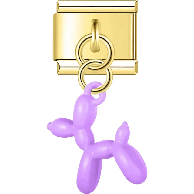 Gold Italian charm dangle with a purple balloon dog figurine hanging from two gold rings.